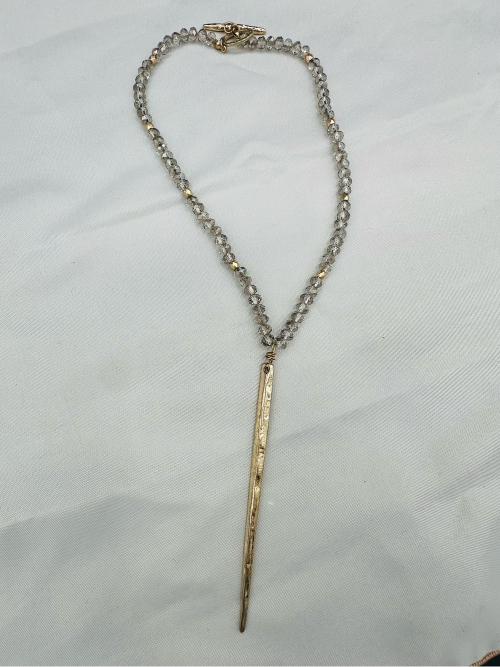 Crystal Bead Necklace with Gold Spike Pendant Gray and Gold Upcycled & handmade